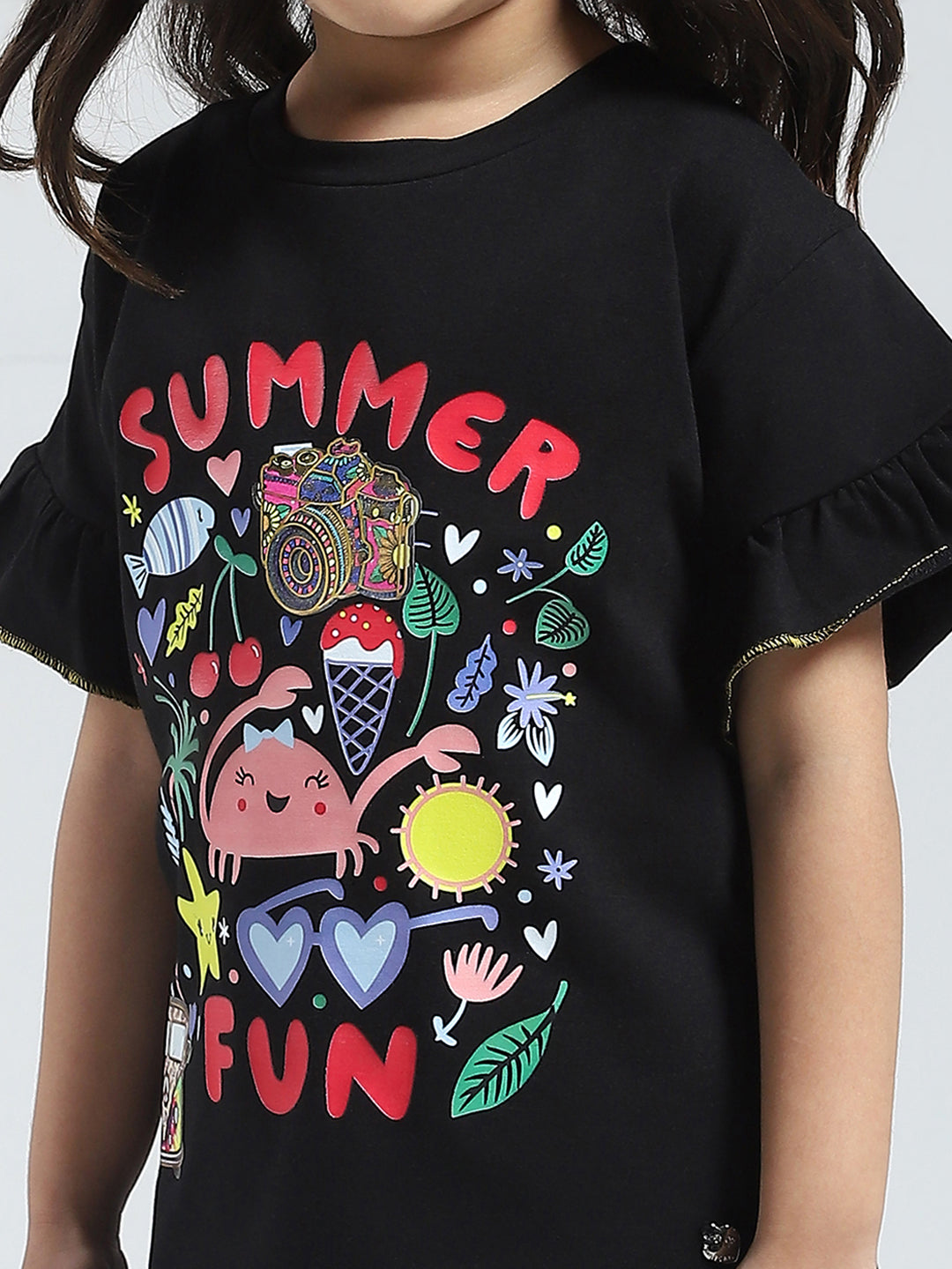 Girls Black Printed Round Neck Half Sleeve Top