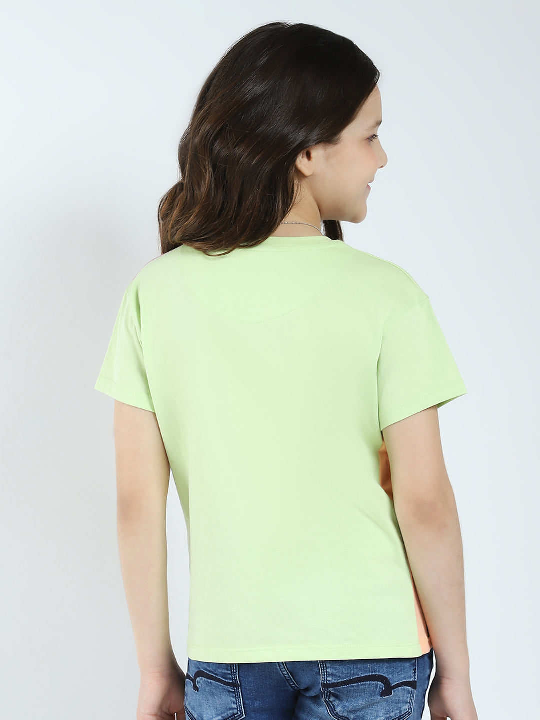 Girls Green Printed Round Neck Half Sleeve Top