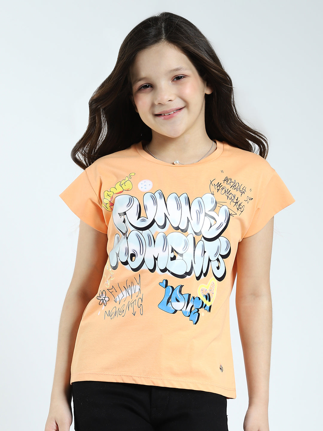 Girls Orange Printed Round Neck Half Sleeve Top
