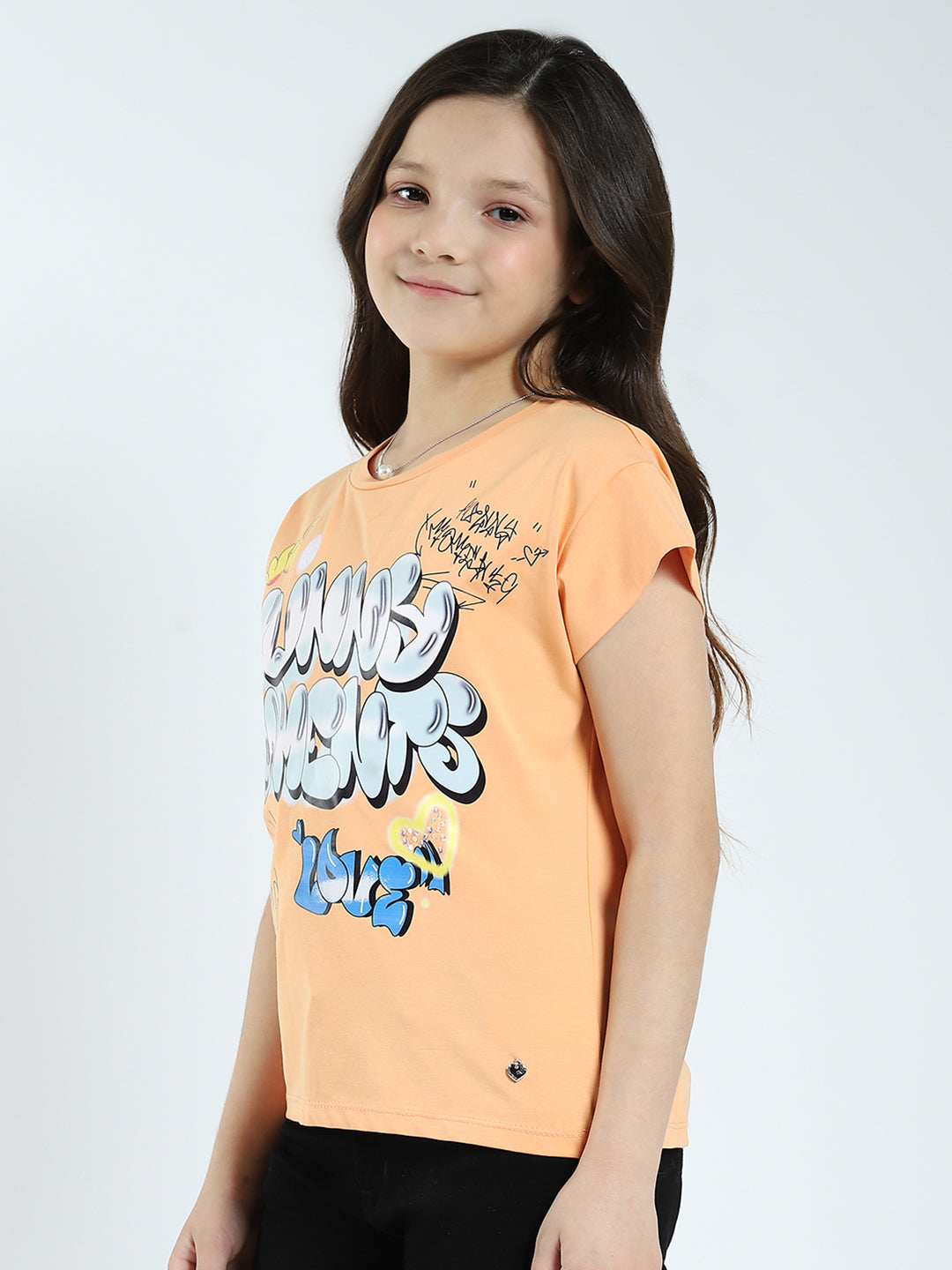 Girls Orange Printed Round Neck Half Sleeve Top