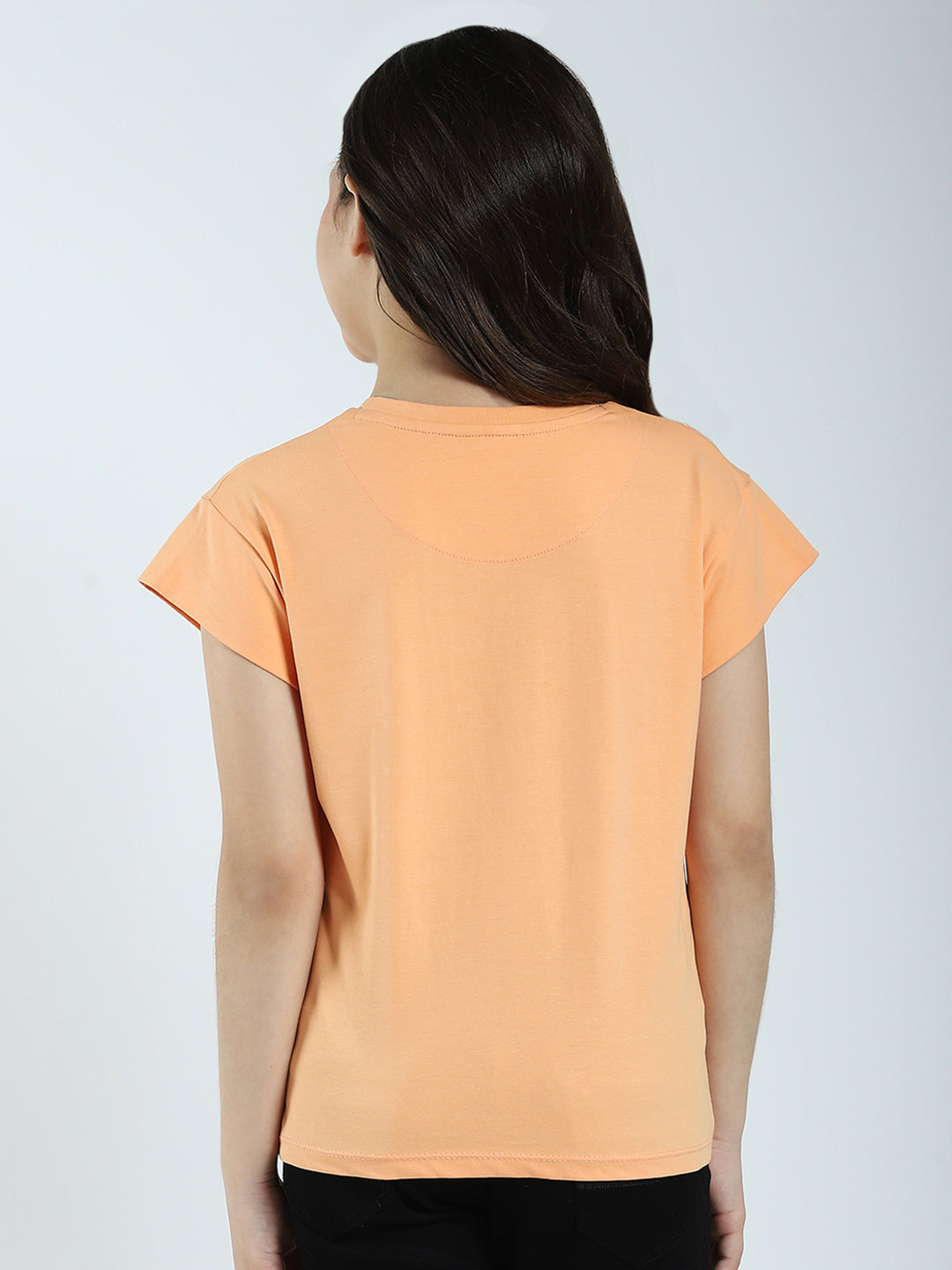Girls Orange Printed Round Neck Half Sleeve Top