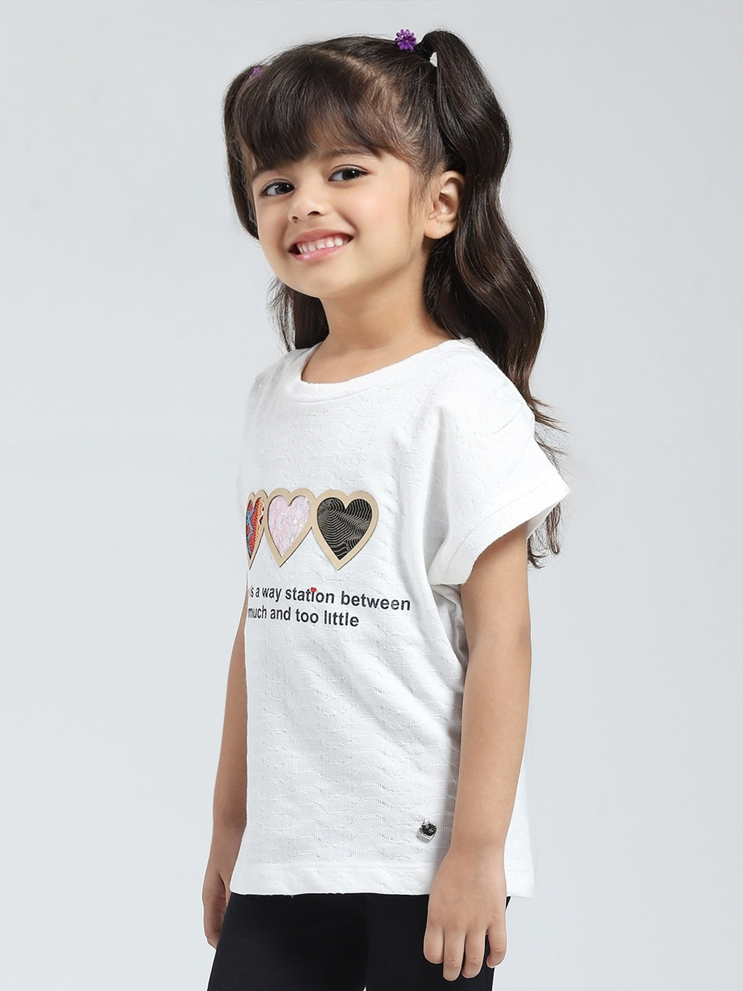 Girls Off White Printed Round Neck Half Sleeve Top