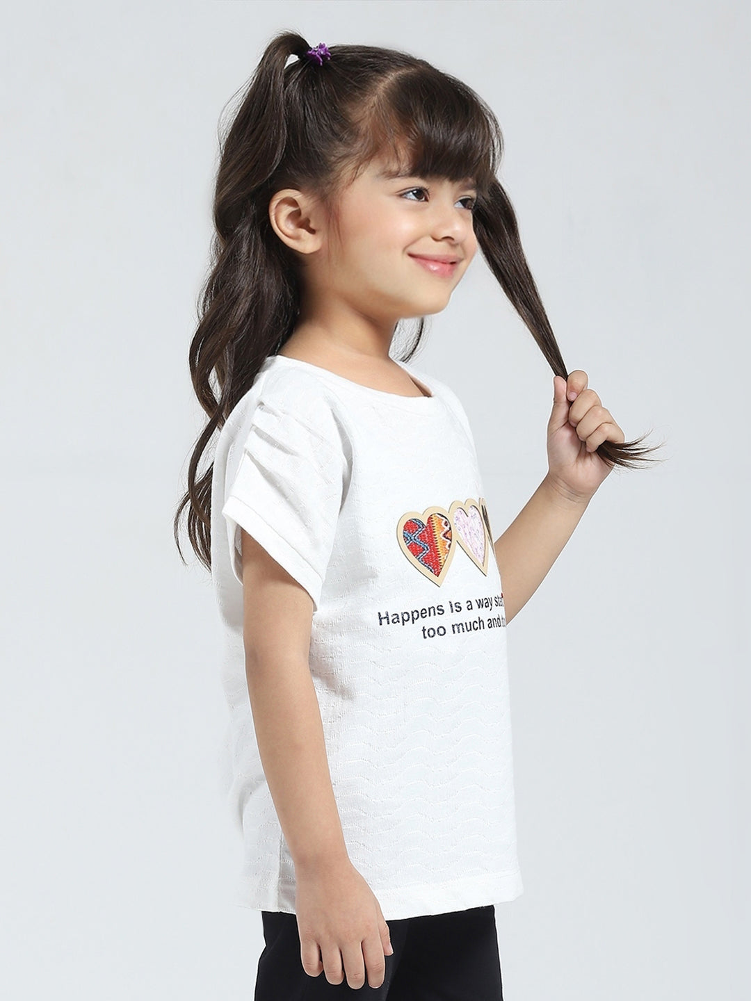 Girls Off White Printed Round Neck Half Sleeve Top