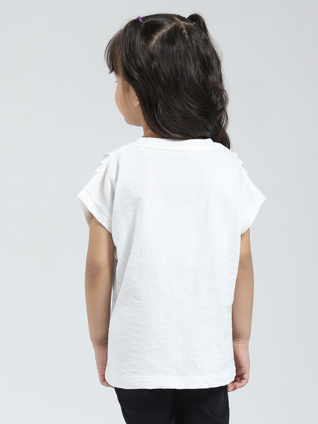 Girls Off White Printed Round Neck Half Sleeve Top