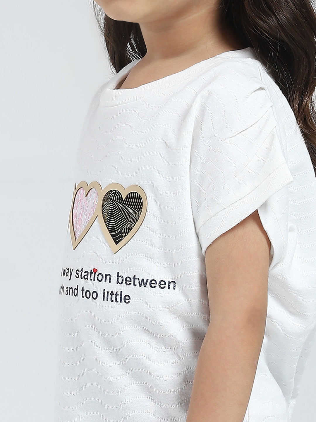 Girls Off White Printed Round Neck Half Sleeve Top