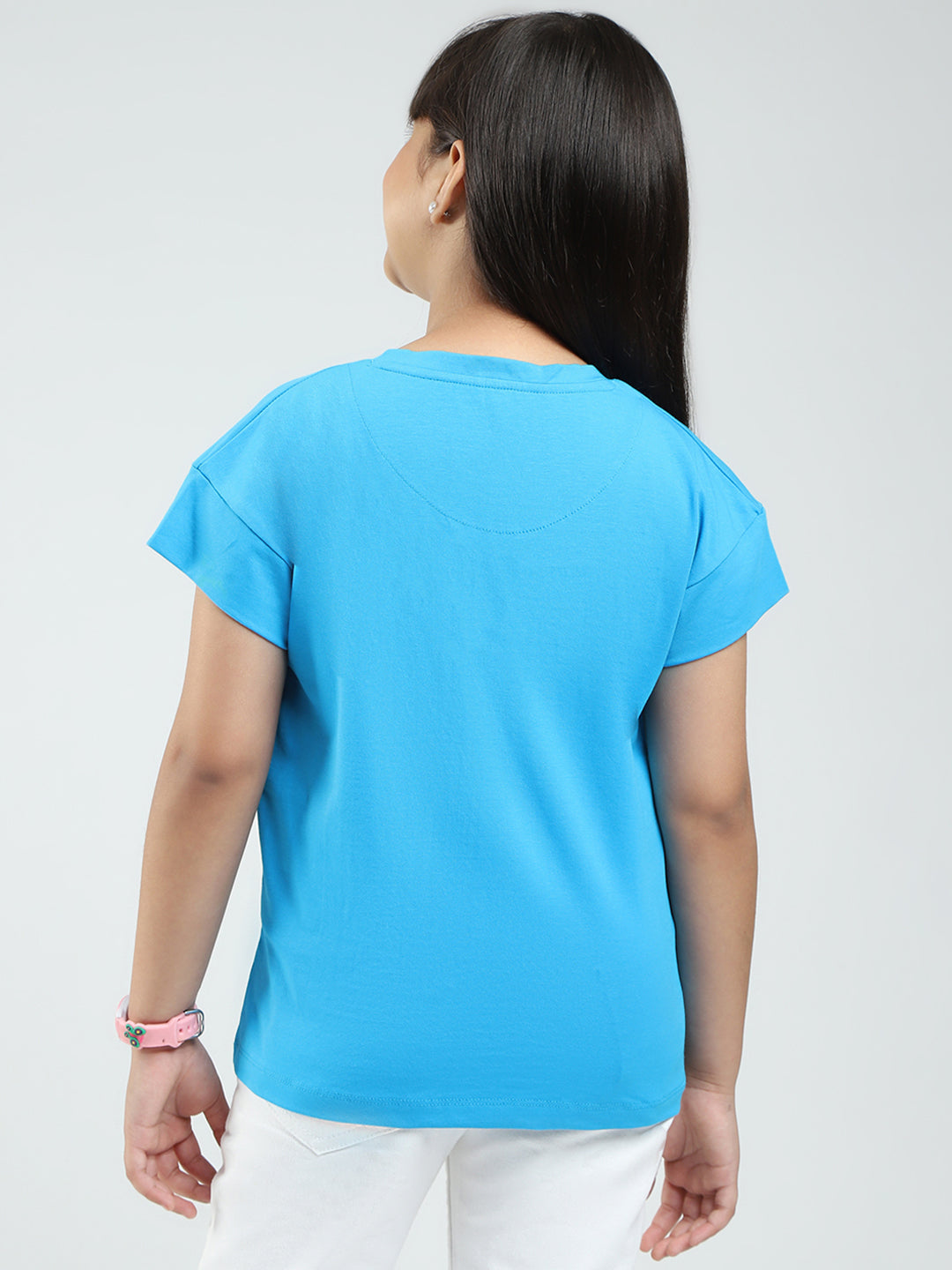 Girls Blue Printed Round Neck Half Sleeve Top