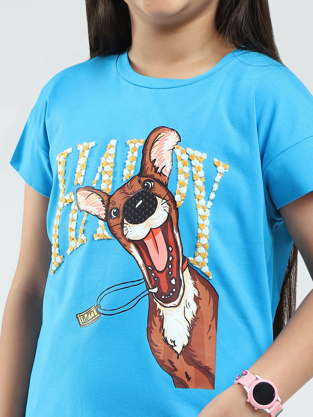 Girls Blue Printed Round Neck Half Sleeve Top