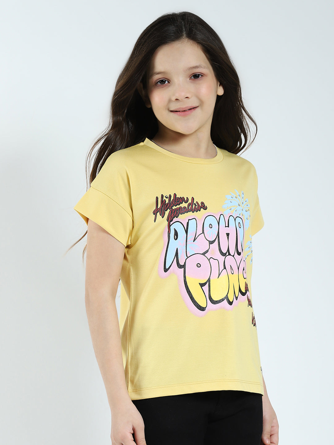 Girls Yellow Printed Round Neck Half Sleeve Top
