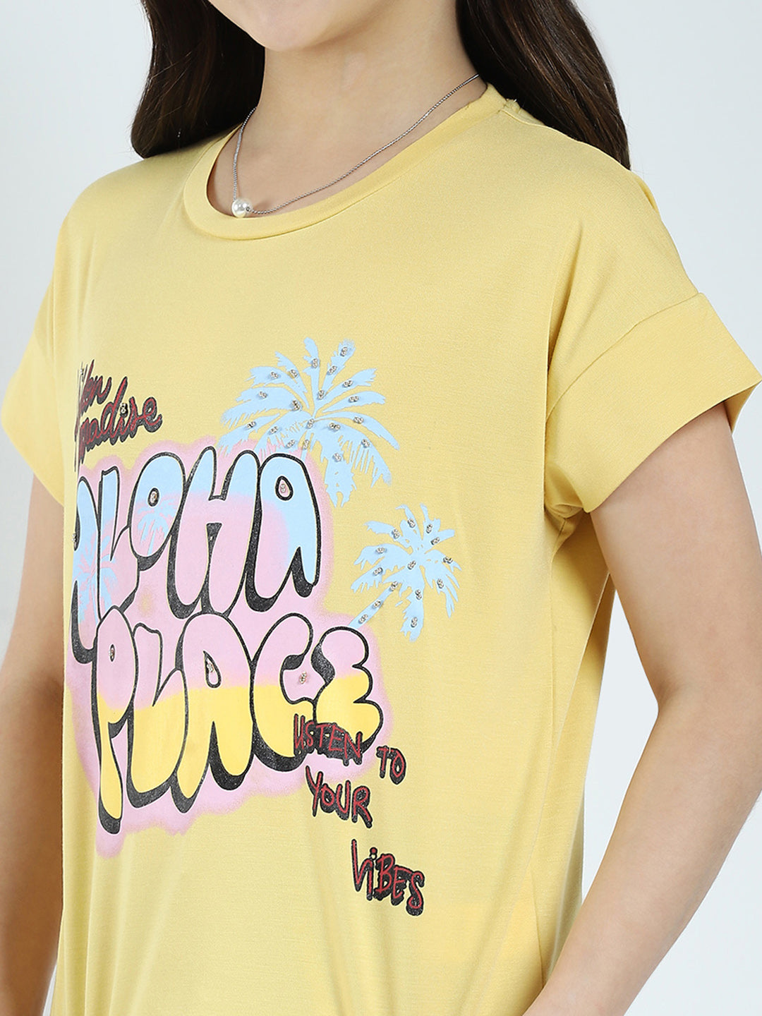 Girls Yellow Printed Round Neck Half Sleeve Top