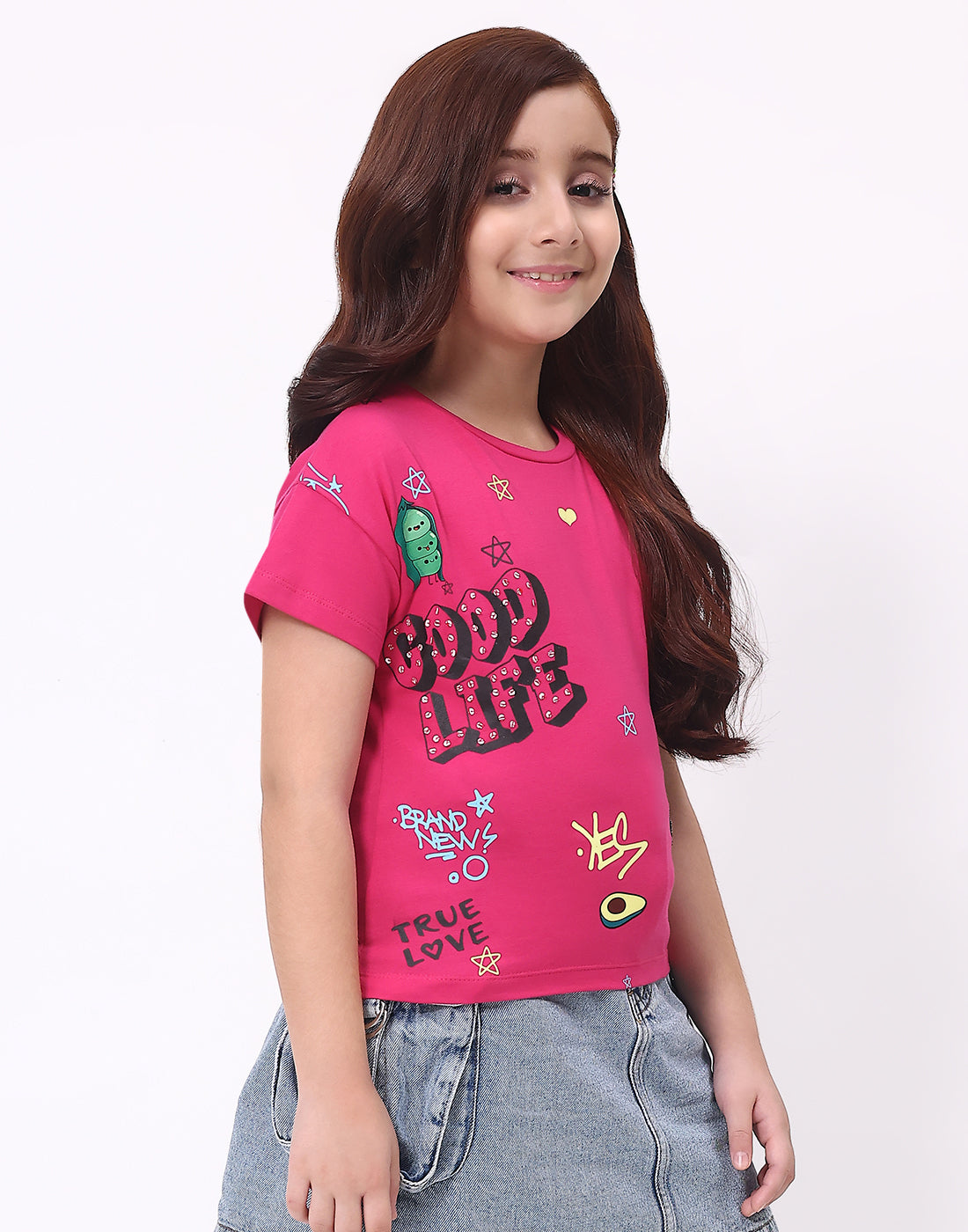 Girls Magenta Printed Round Neck Half Sleeve Top