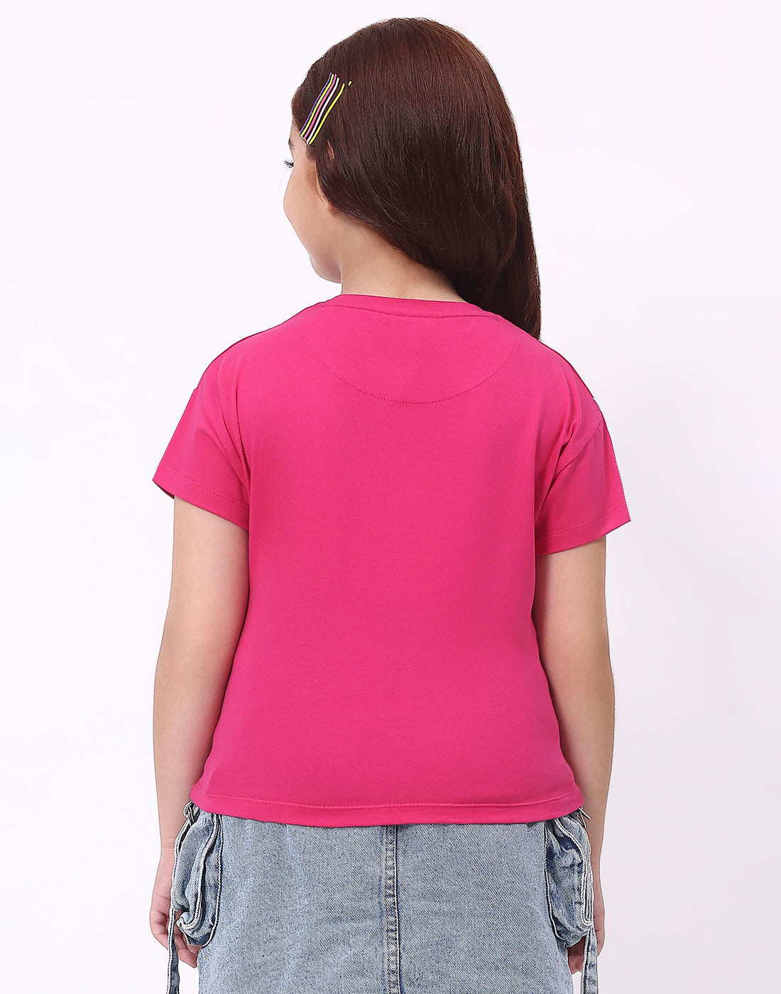 Girls Magenta Printed Round Neck Half Sleeve Top