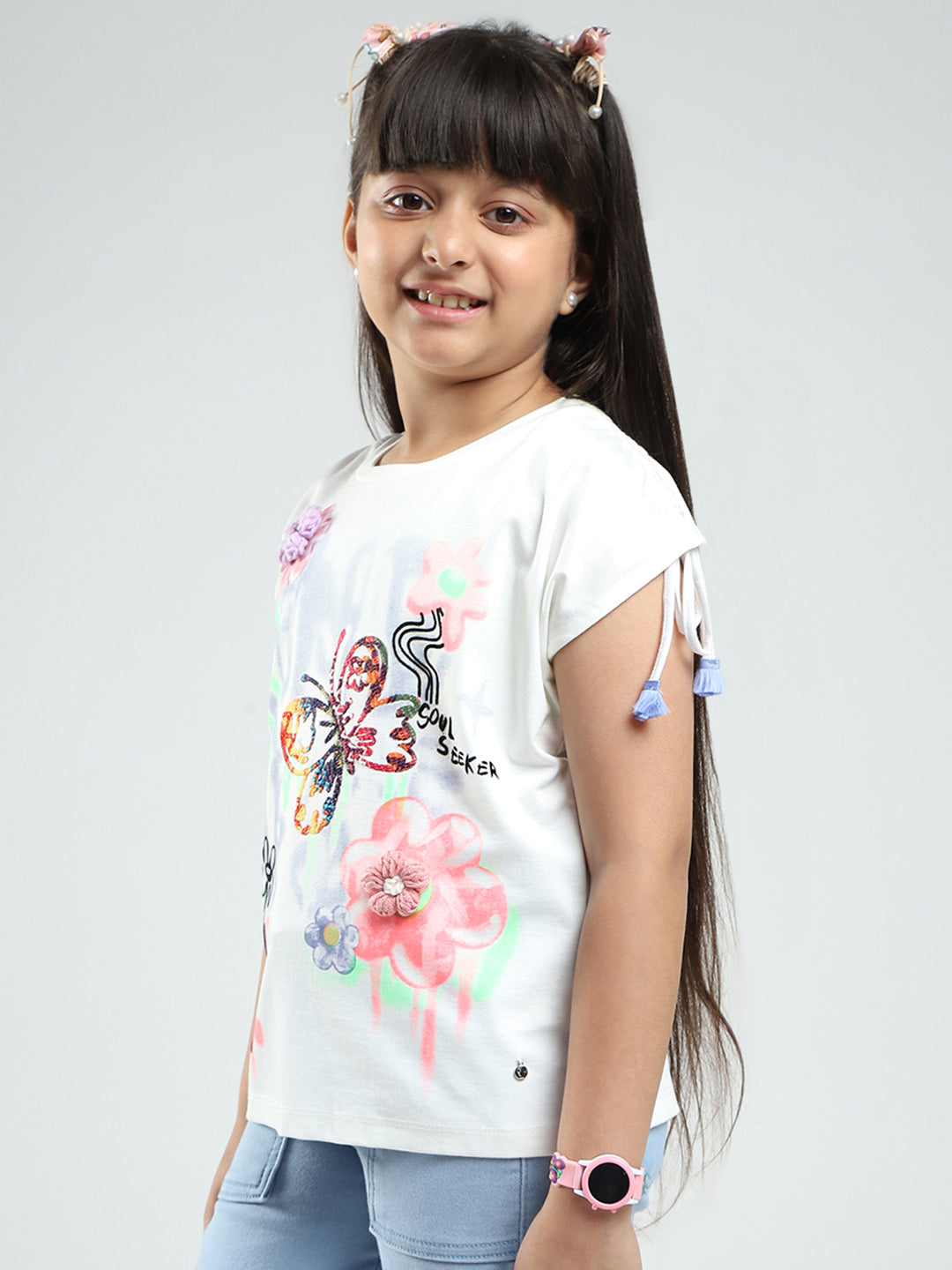 Girls White Printed Round Neck Half Sleeve Top