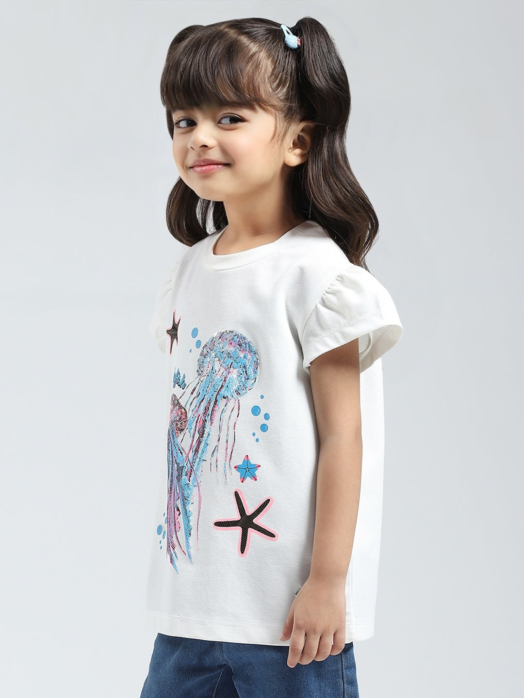 Girls White Printed Round Neck Half Sleeve Top