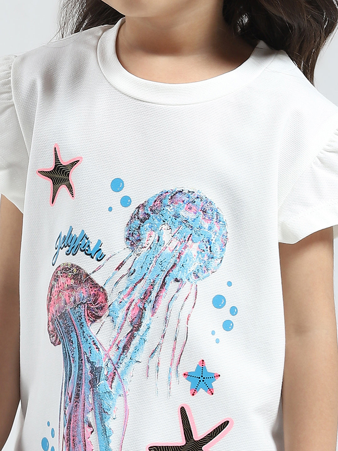 Girls White Printed Round Neck Half Sleeve Top