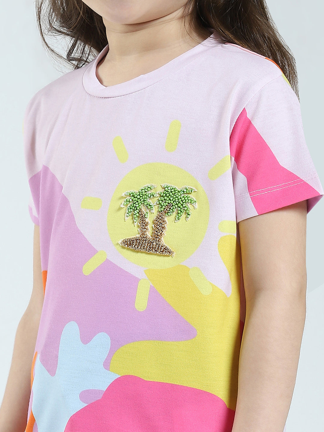 Girls Pink Printed Round Neck Half Sleeve Top