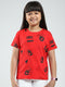 Girls Red Printed Round Neck Half Sleeve Top