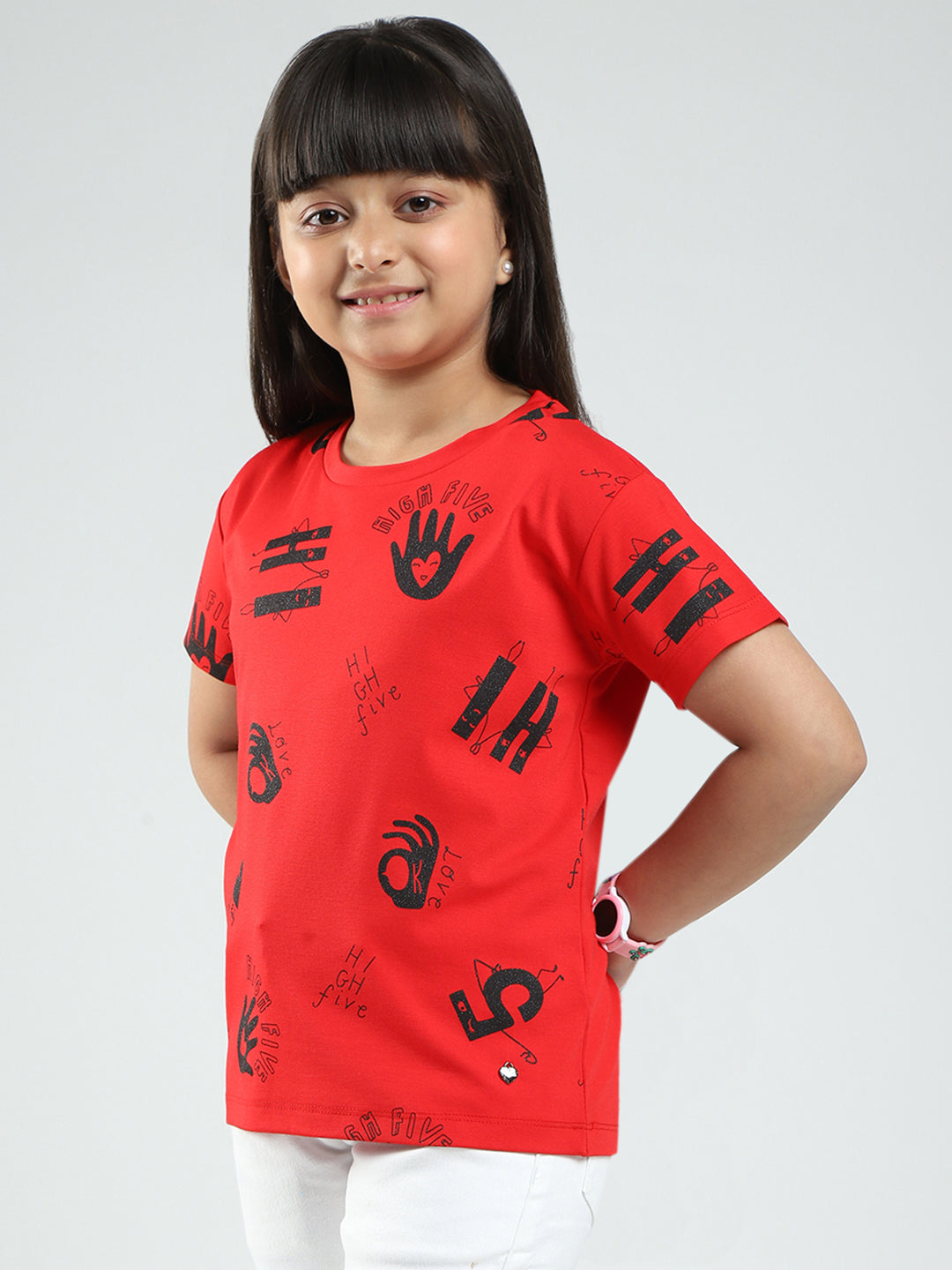 Girls Red Printed Round Neck Half Sleeve Top