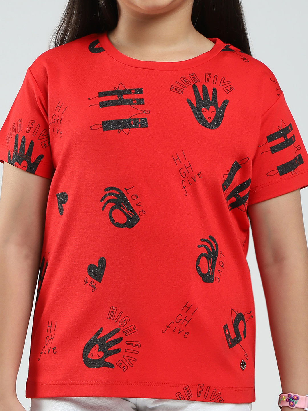 Girls Red Printed Round Neck Half Sleeve Top