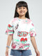 Girls White Printed Round Neck Half Sleeve Top