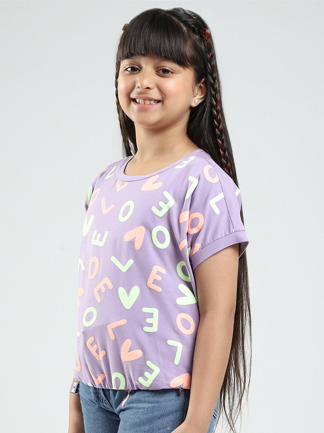 Girls Purple Printed Round Neck Half Sleeve Top