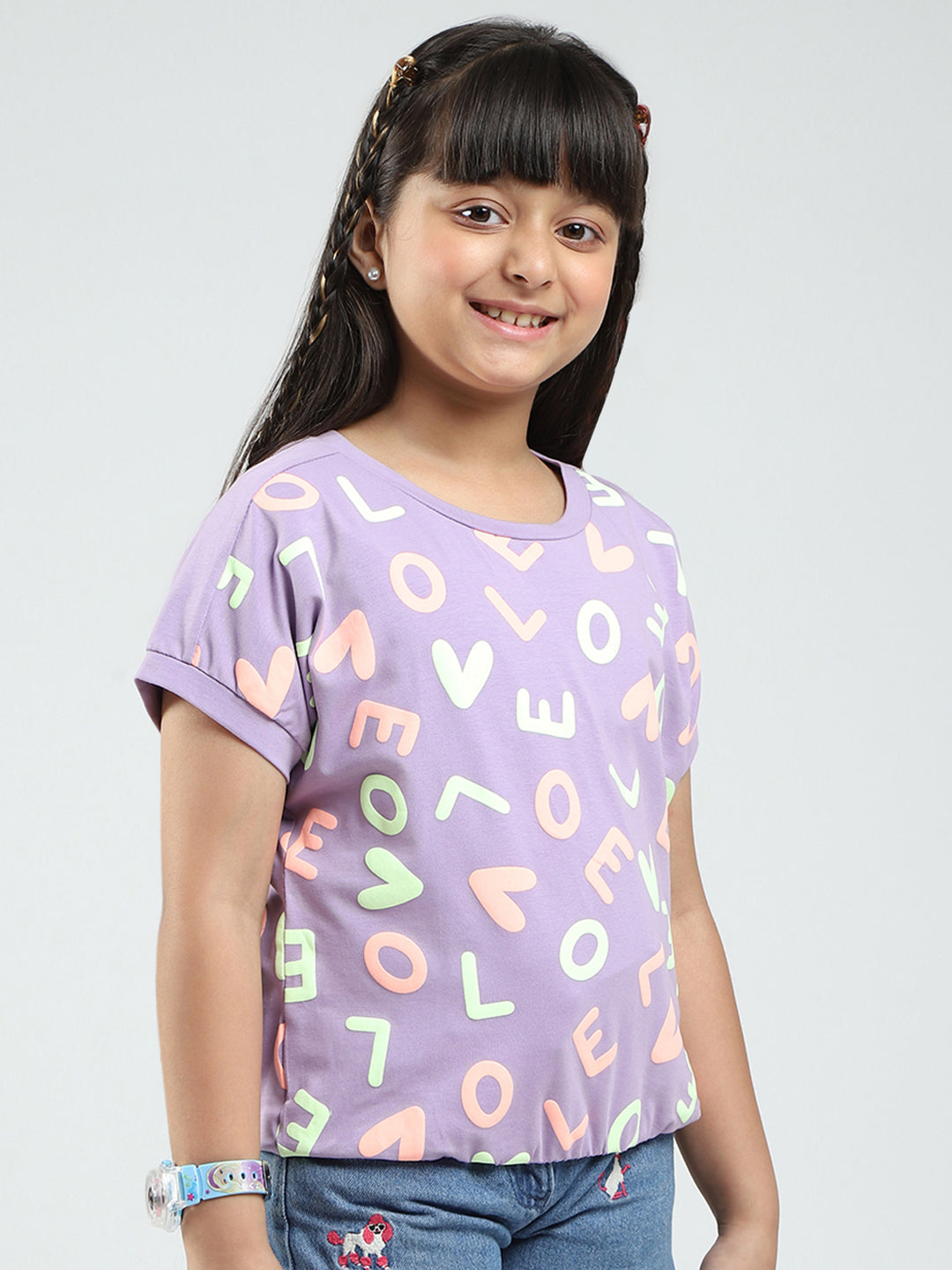 Girls Purple Printed Round Neck Half Sleeve Top