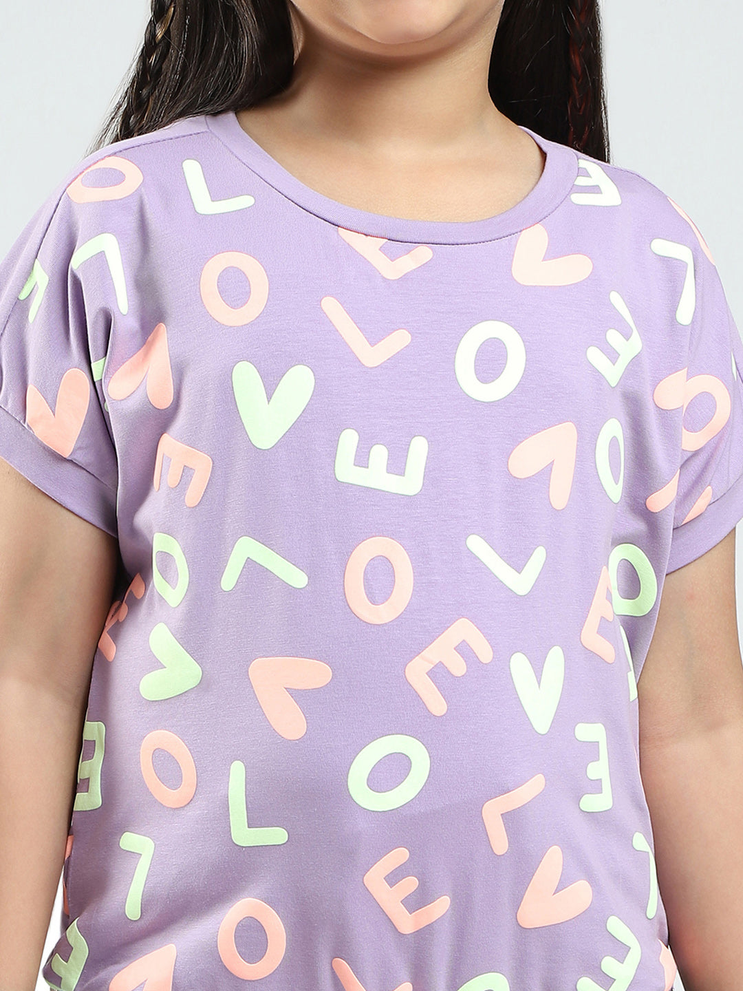 Girls Purple Printed Round Neck Half Sleeve Top