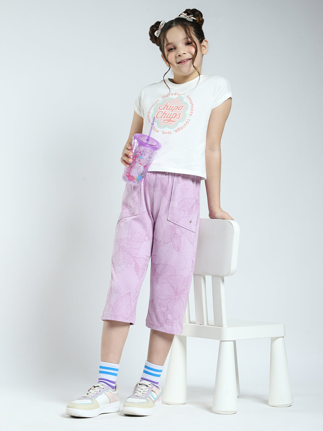 Girls Purple Printed Regular Fit Capri