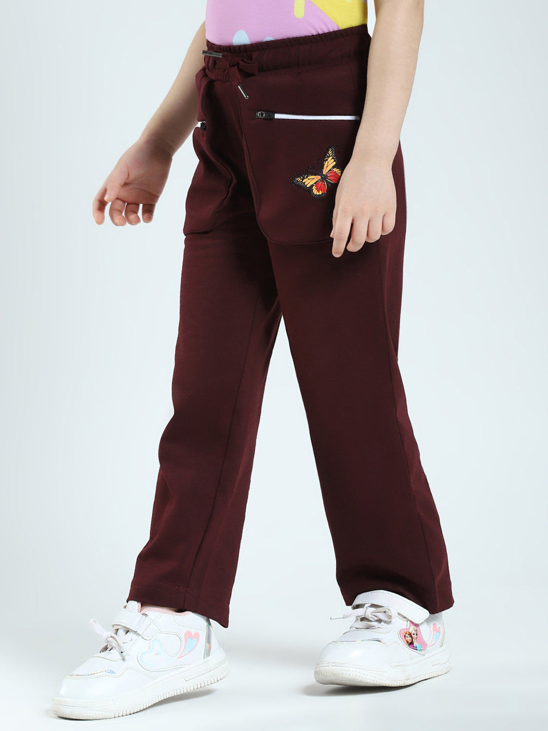 Girls Burgundy Solid Regular Fit Lower