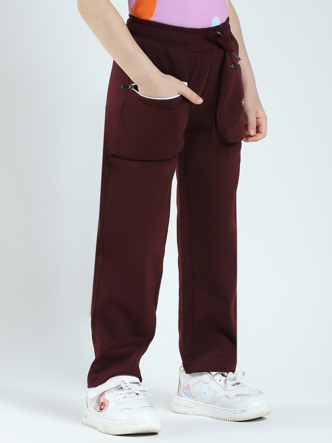 Girls Burgundy Solid Regular Fit Lower