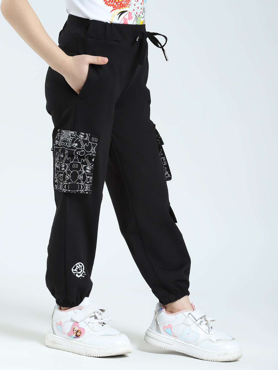 Girls Black Printed Regular Fit Lower