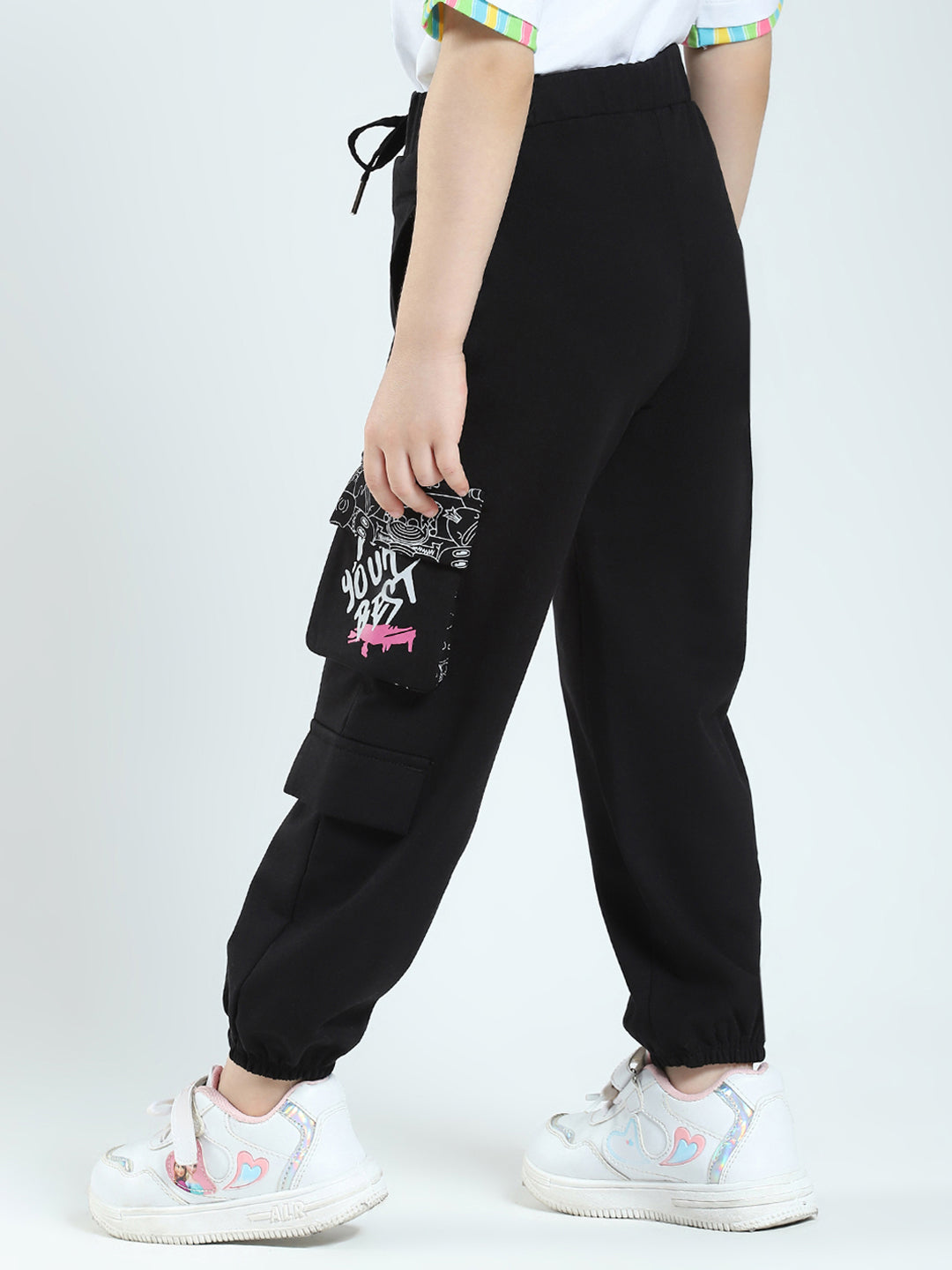 Girls Black Printed Regular Fit Lower