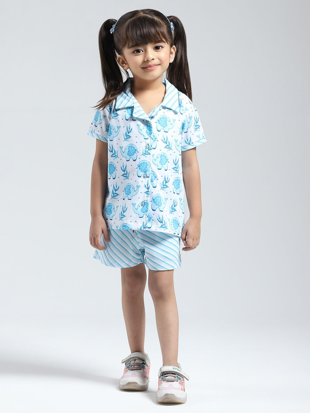 Girls Blue Printed Collar Half Sleeve Shorts Set