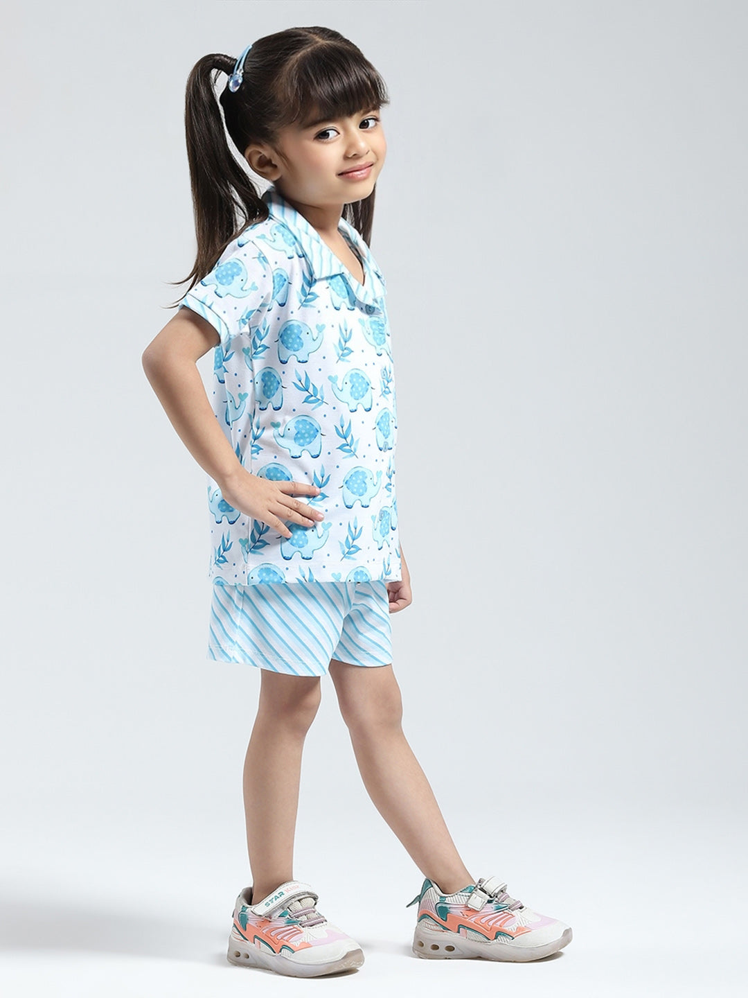 Girls Blue Printed Collar Half Sleeve Shorts Set