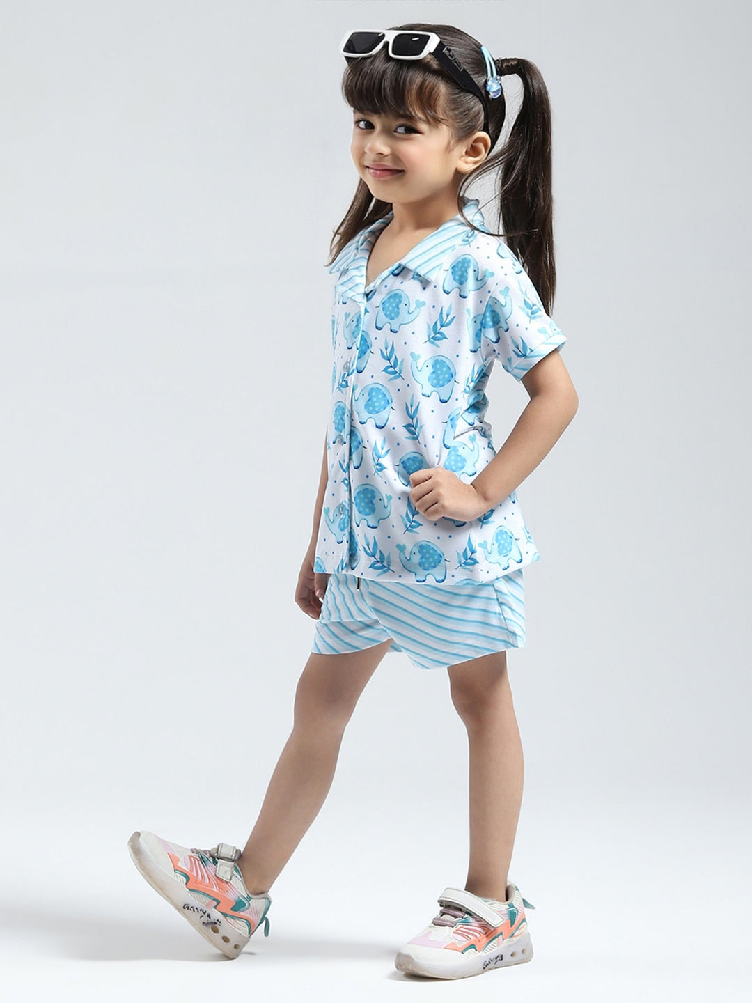 Girls Blue Printed Collar Half Sleeve Shorts Set