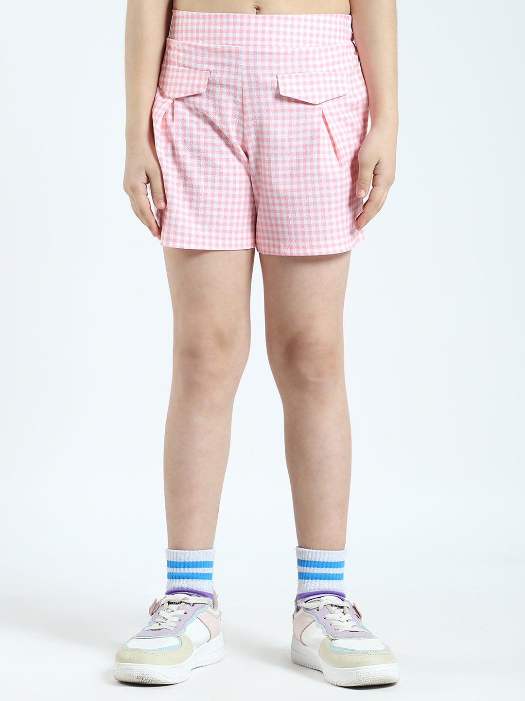 Girls Pink Check Collar Half Sleeve Cords Set