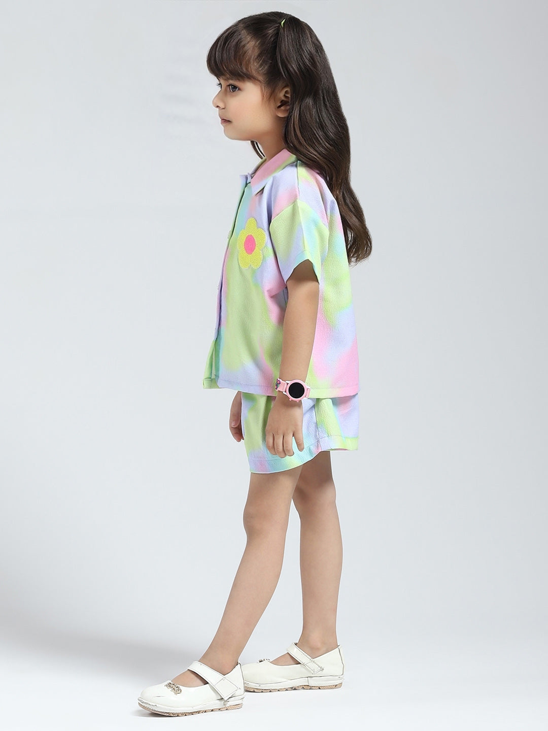 Girls Purple Printed Collar Half Sleeve Cords Set