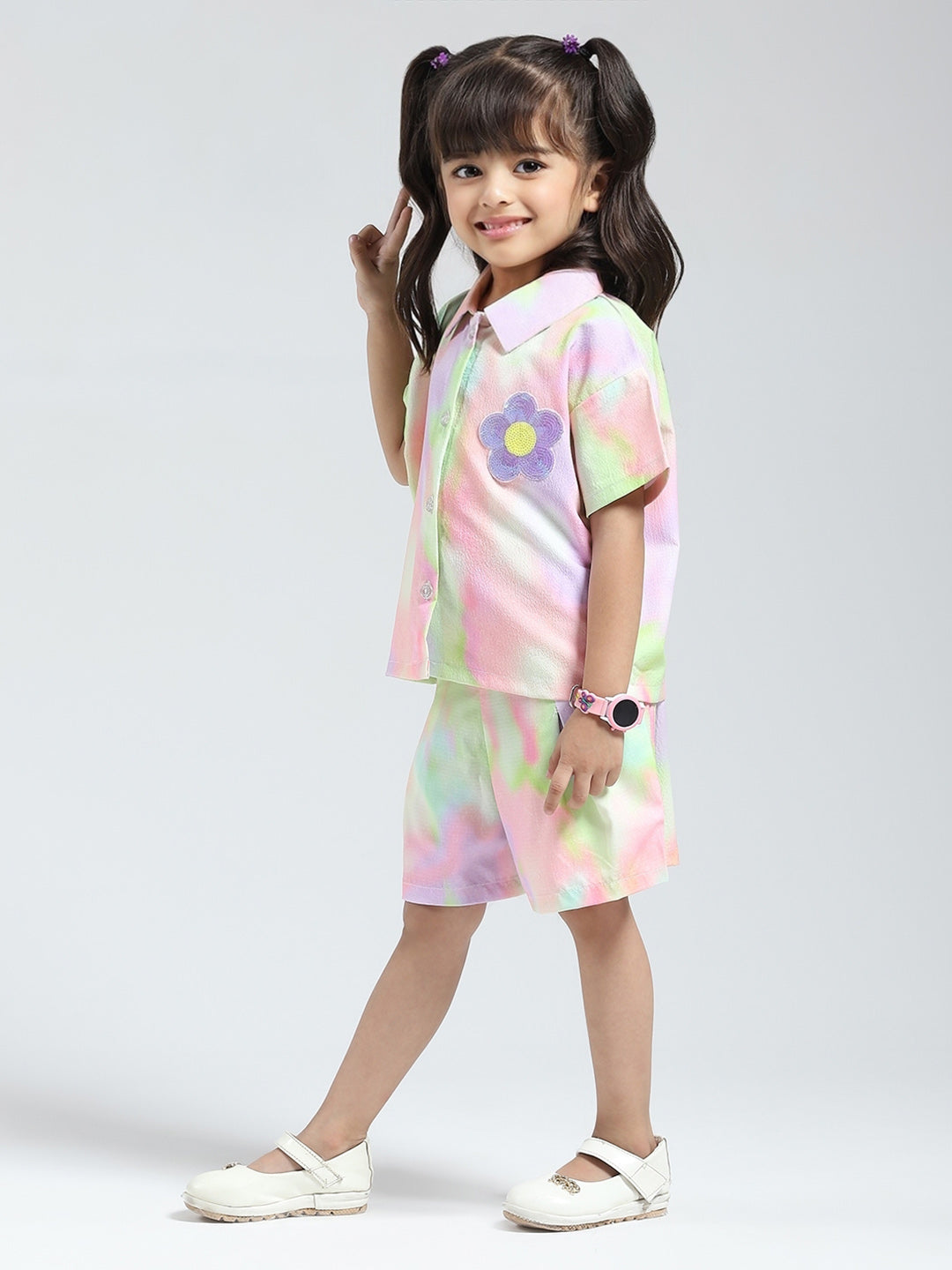 Girls Green Printed Collar Half Sleeve Cords Set