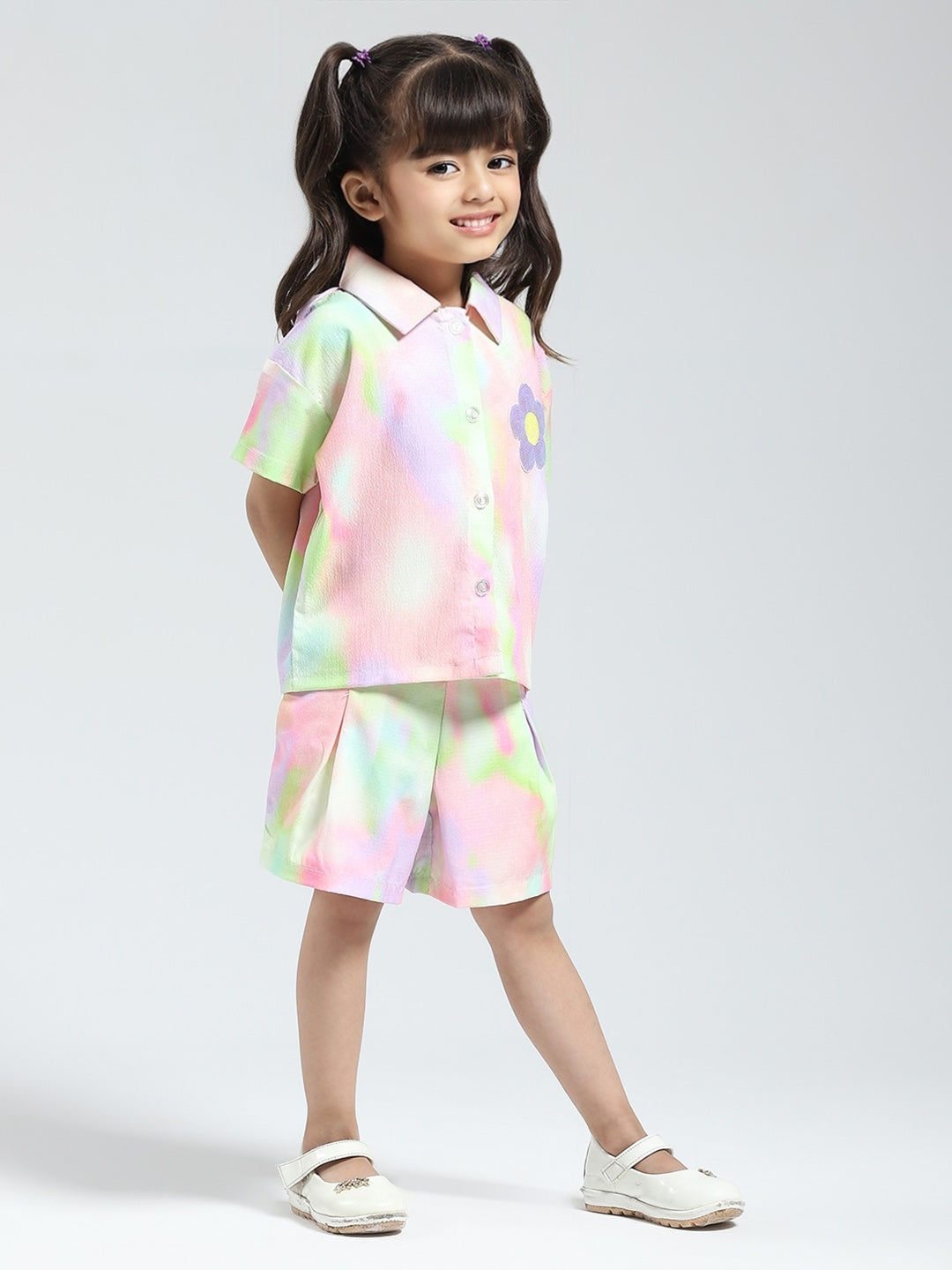 Girls Green Printed Collar Half Sleeve Cords Set