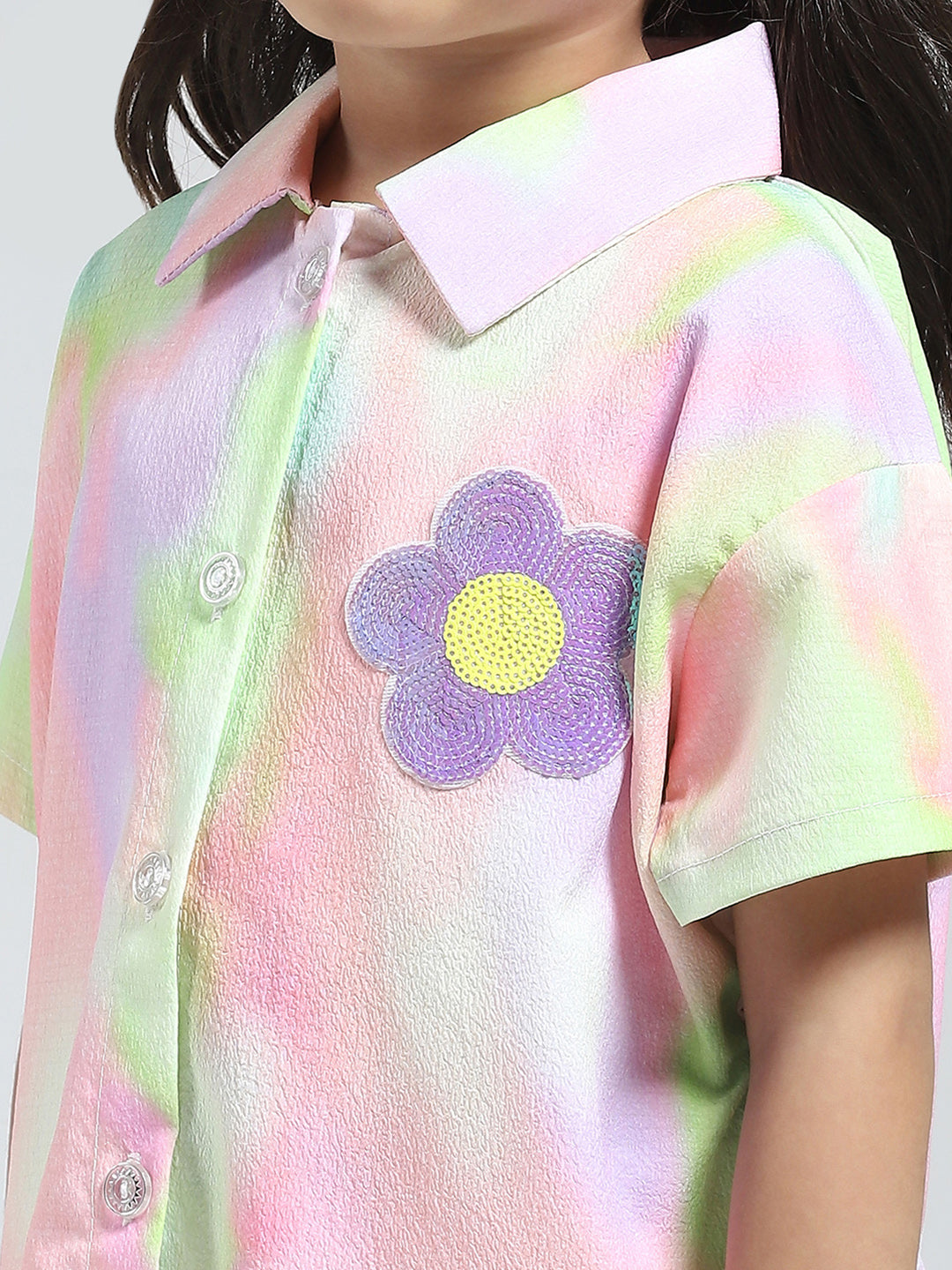 Girls Green Printed Collar Half Sleeve Cords Set