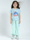 Girls Sea Green Printed Round Neck Half Sleeve Lower Set