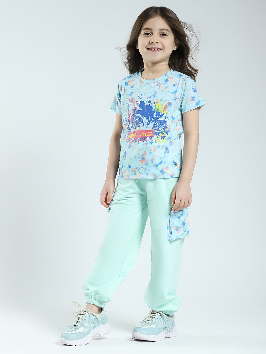 Girls Sea Green Printed Round Neck Half Sleeve Lower Set
