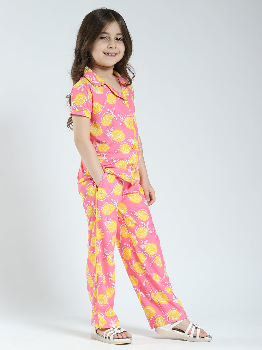 Girls Pink Printed Collar Half Sleeve Lower Set