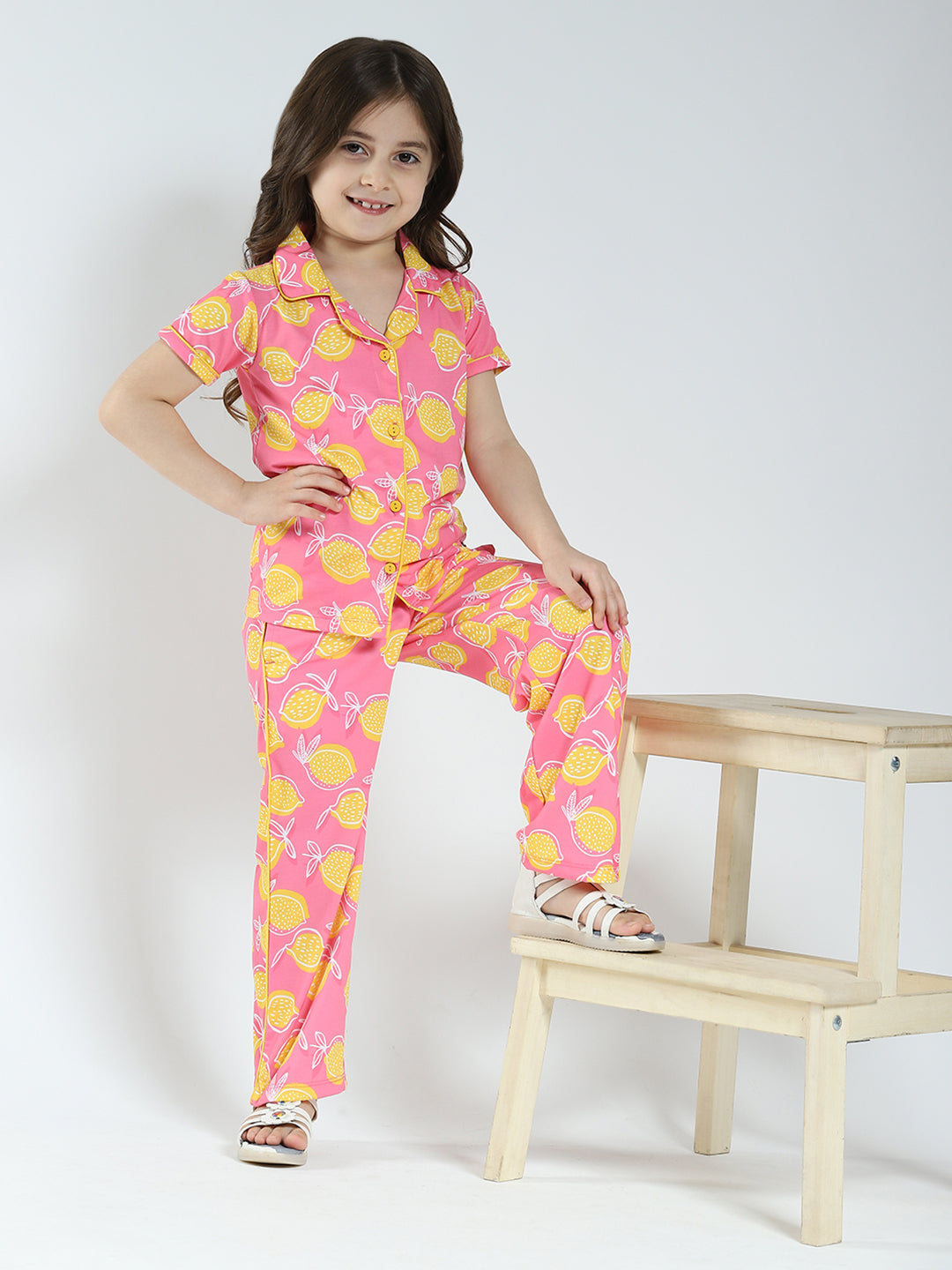Girls Pink Printed Collar Half Sleeve Lower Set