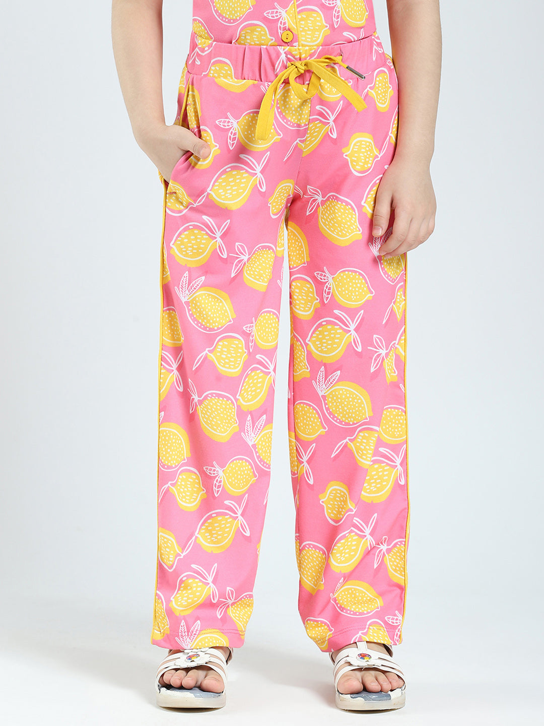 Girls Pink Printed Collar Half Sleeve Lower Set