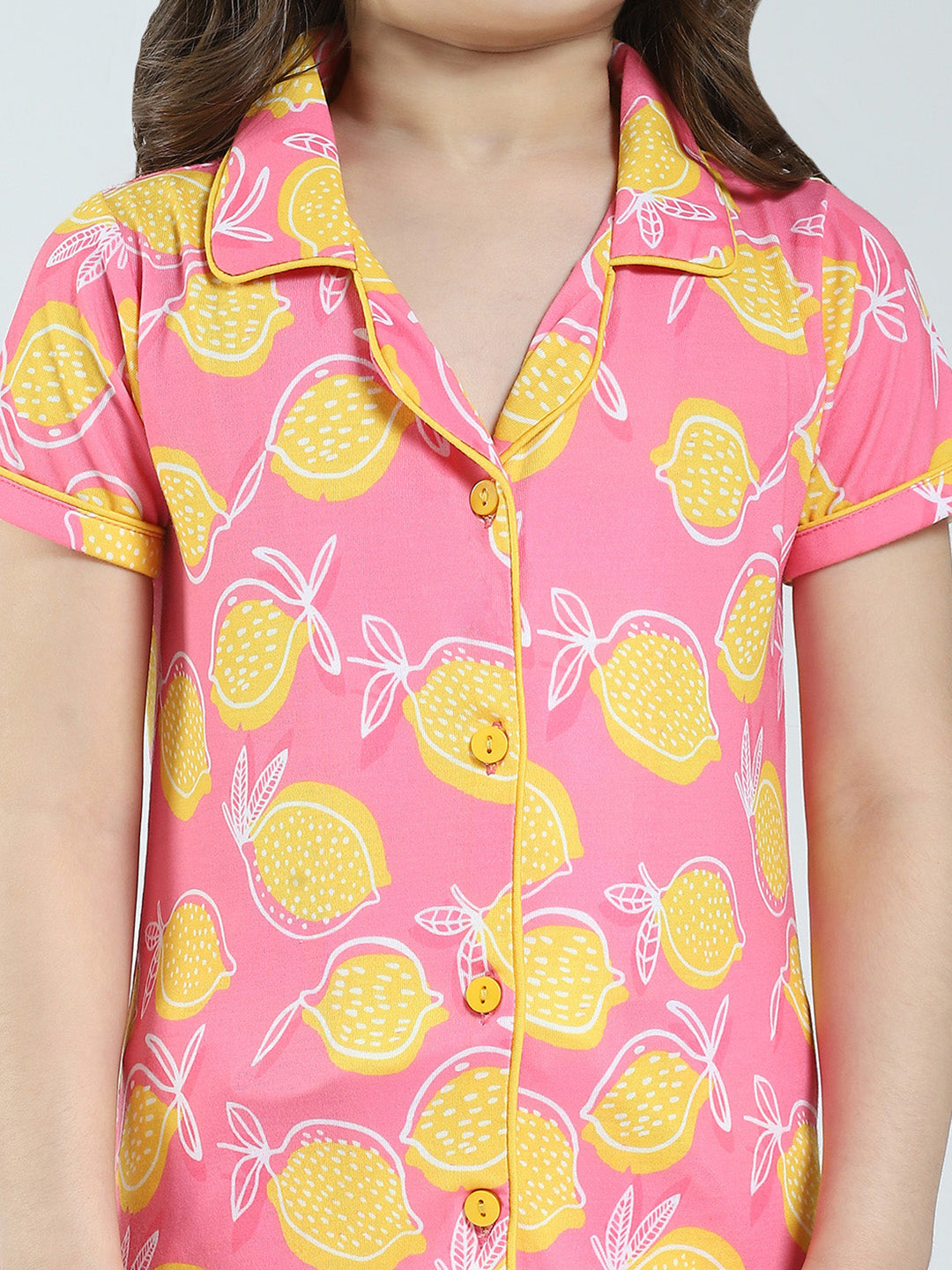 Girls Pink Printed Collar Half Sleeve Lower Set