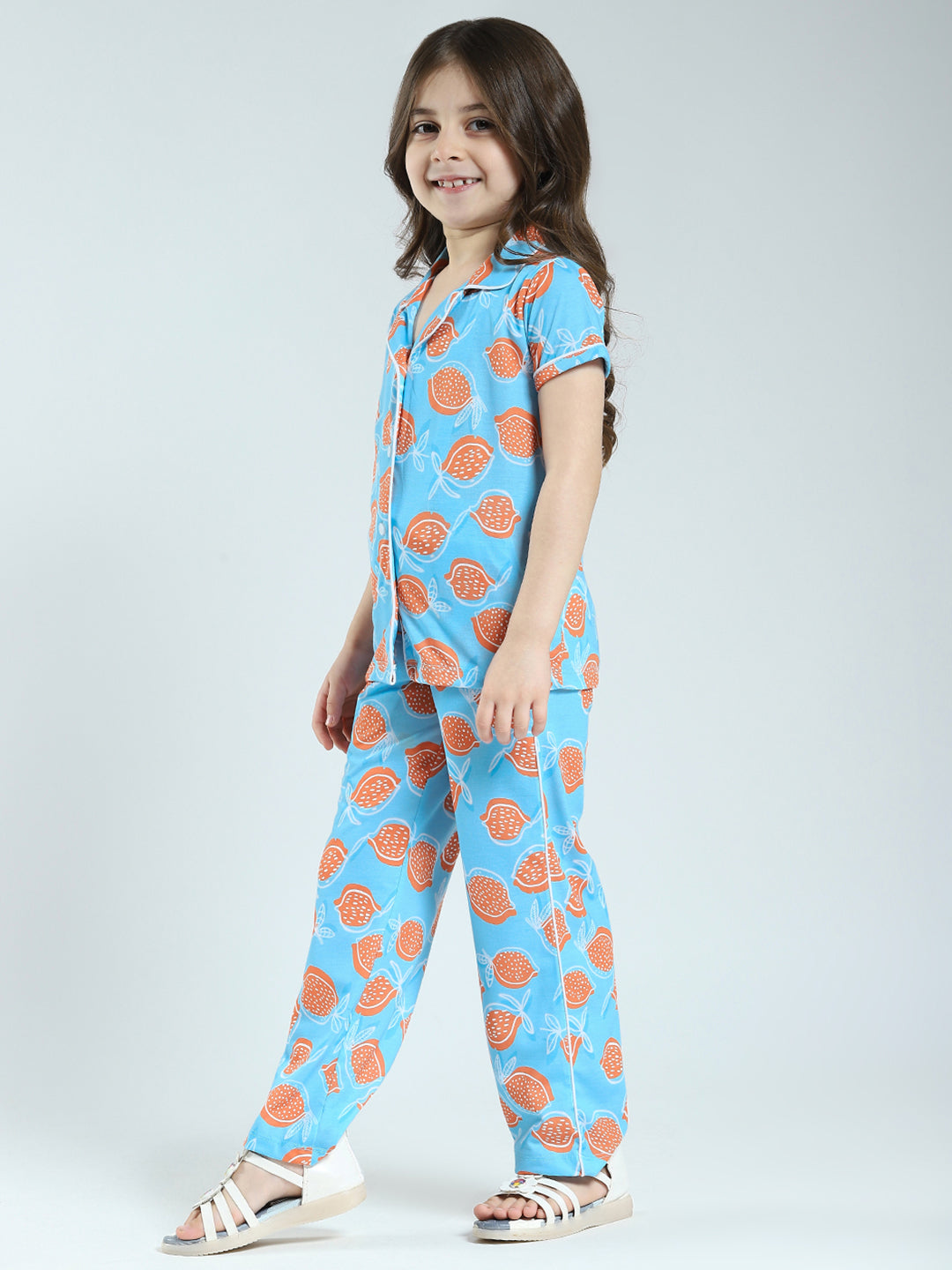 Girls Blue Printed Collar Half Sleeve Lower Set