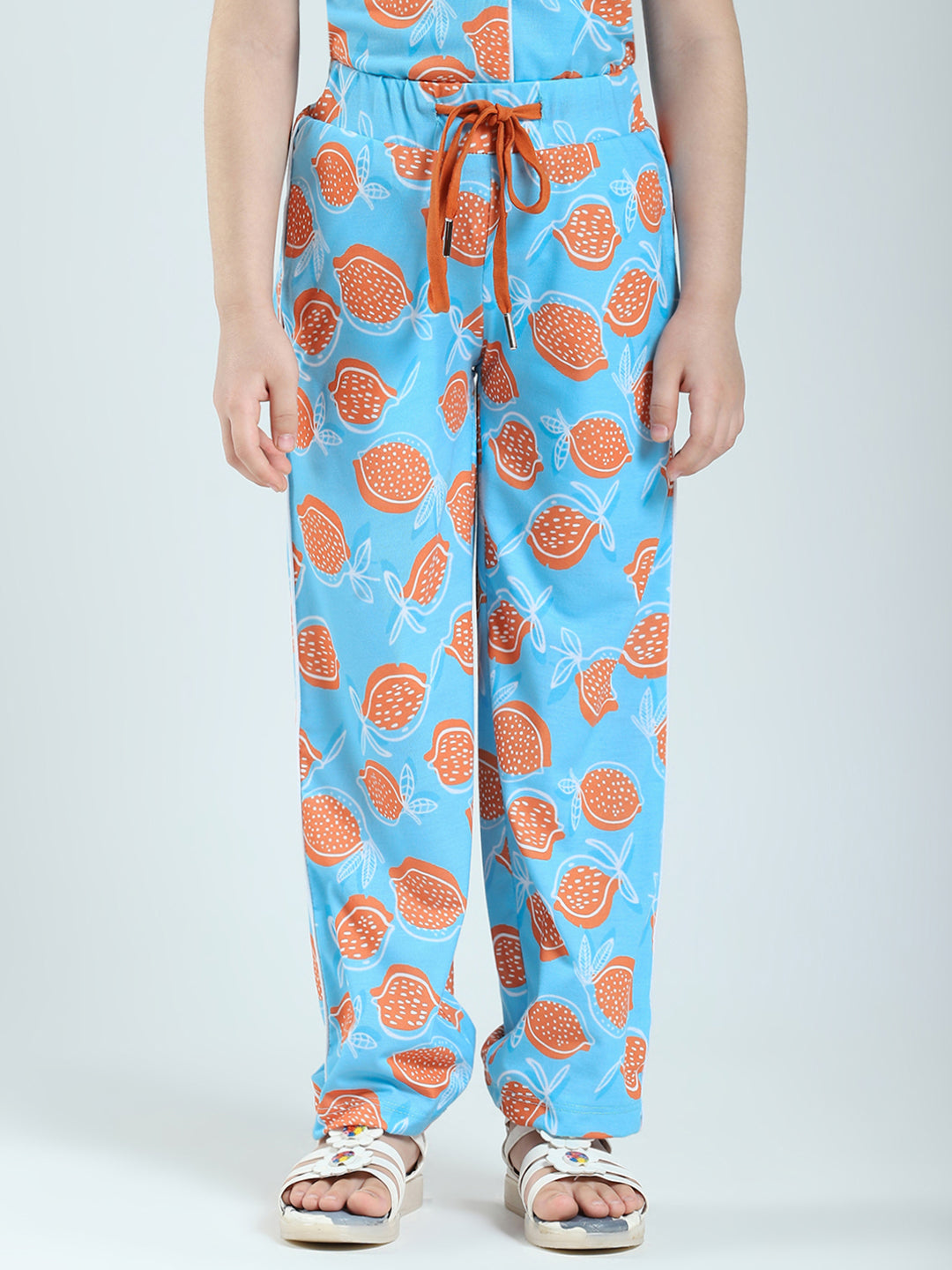 Girls Blue Printed Collar Half Sleeve Lower Set