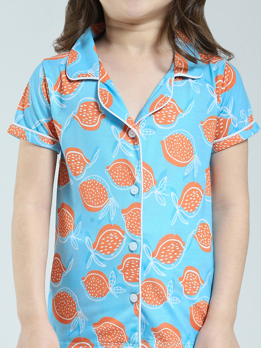 Girls Blue Printed Collar Half Sleeve Lower Set