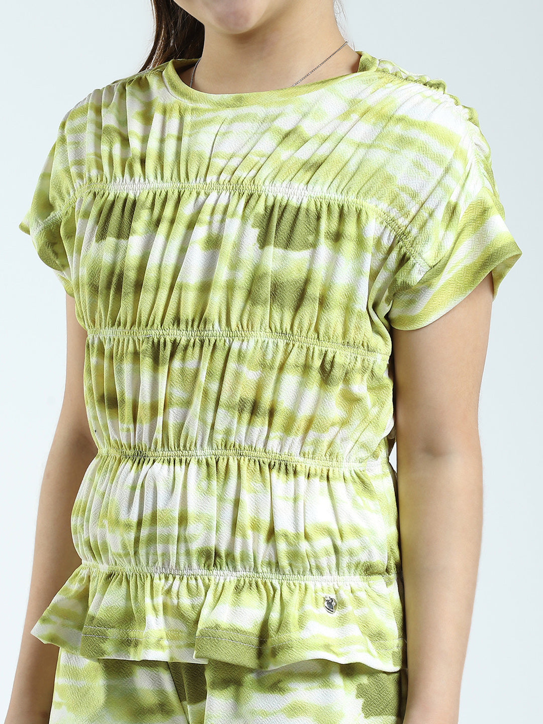 Girls Green Printed Round Neck Half Sleeve Cords Set