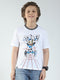 Boys White Printed Round Neck Half Sleeve T-Shirt